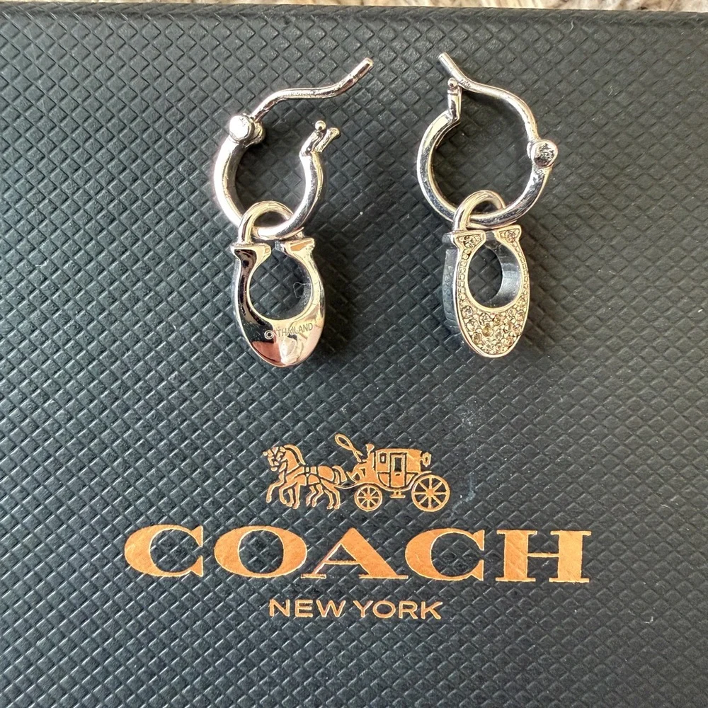 Coach Silver-Tone Crystal Horsebit Drop Hoop Earrings - Picture 3 of 3
